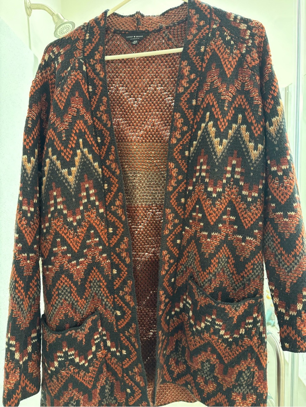 Lucky Brand Open-Front Geo Knit Cardigan in Rust, Black and Cream